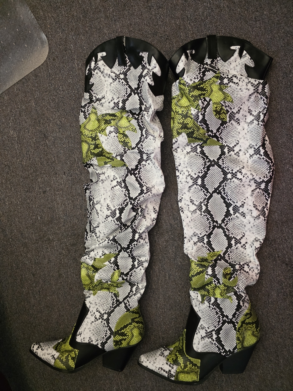 Cape Robbin Black, White & Lime Snake-Print Over-the-Knee Boots